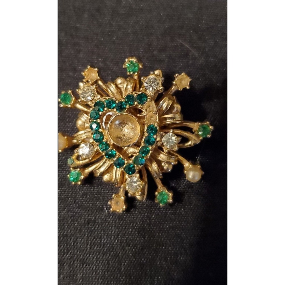 Vintage 1950s Gold Green Rhinestone Heart Pin Brooch - Picture 4 of 6
